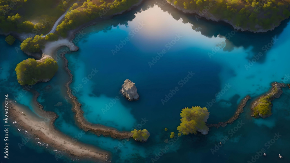 Beautiful top view landscape spring forest and lake. AI Generated.