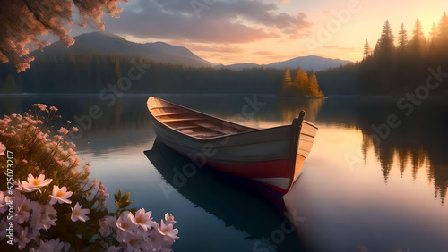 Beautiful autumn forest and lake with wooden boat in . AI Generated.