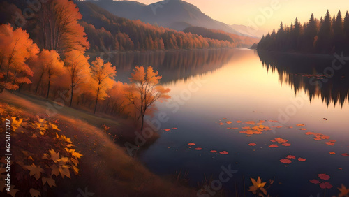 Beautiful autumn landscape lake in sunset. AI Generated.