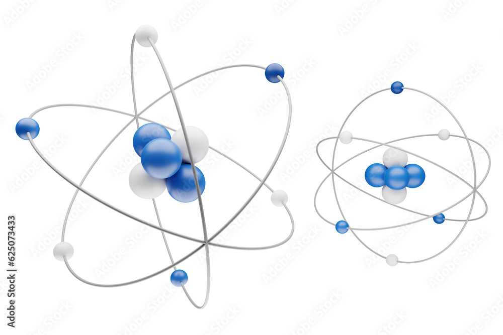 Scientific models of two atoms with nucleus, electrons, protons and neutrons orbiting in a circular path, isolated on transparent or white background Scientific models of two atoms with nucleus, electrons, protons and neutrons orbiting in a circular path, isolated on transparent or white background