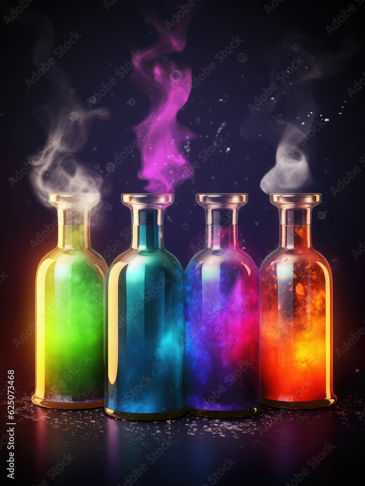 Four bottles full of colorful magical potions fuming with enchanted smokes. Witchcraft concept. Dark background. Four bottles full of colorful magical potions fuming with enchanted smokes. Witchcraft concept. Dark background.