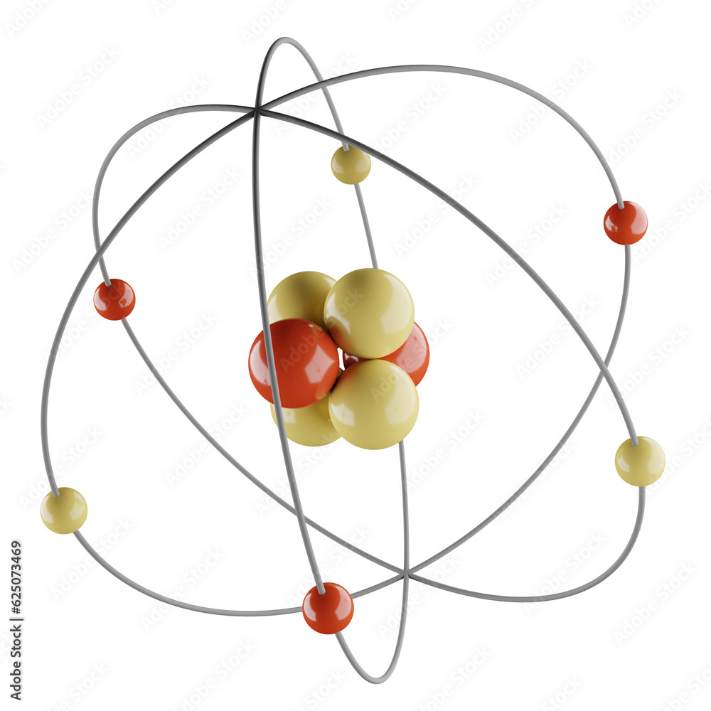 Scientific model of an atom with nucleus, electrons, protons and neutrons orbiting in a circular path, isolated on transparent or white background Scientific model of an atom with nucleus, electrons, protons and neutrons orbiting in a circular path, isolated on transparent or white background