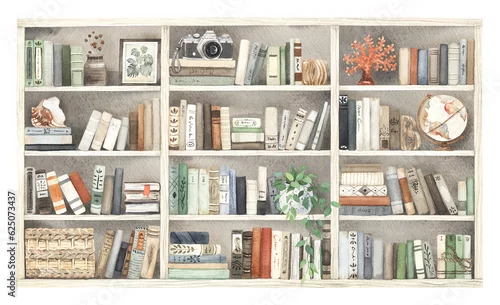 Obraz Shelves with books and decoration elements, imaginary illustration hand-drawn watercolor. Cabinet with books, globe, camera, nautical symbols and houseplant. Traveler's Library.