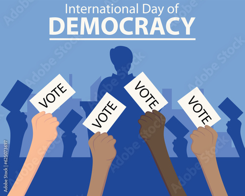 illustration vector graphic of hands holding voting papers in front of council members, perfect for international day, international day of democracy, celebrate, greeting card, etc.