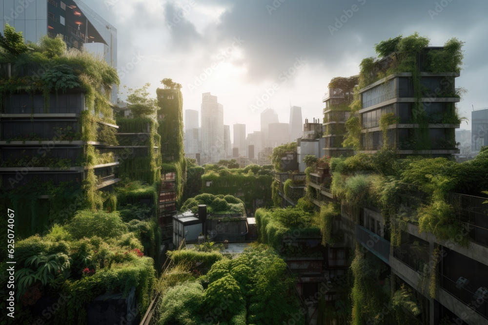 Buildings with vertical gardens in the city. AI generative
