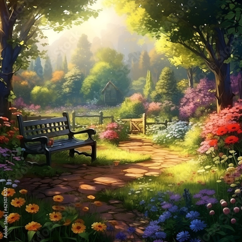 Illustration of a wooden bench in the middle of a beautiful flower garden. There is a walkway connecting the benches.