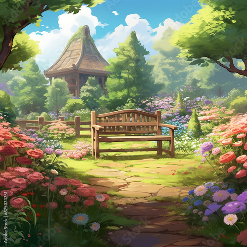 Illustration of a wooden bench in the middle of a beautiful flower garden. There is a walkway connecting the benches.
