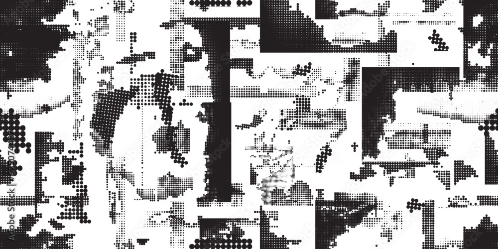 Glitch distorted grungy abstract forms . Halftone dots seamless pattern texture. Grange shapes .Grunge textured . Vector shapes with half tone dots .Screen print endless pattern texture Glitch distorted grungy abstract forms . Halftone dots seamless pattern texture. Grange shapes .Grunge textured . Vector shapes with half tone dots .Screen print endless pattern texture