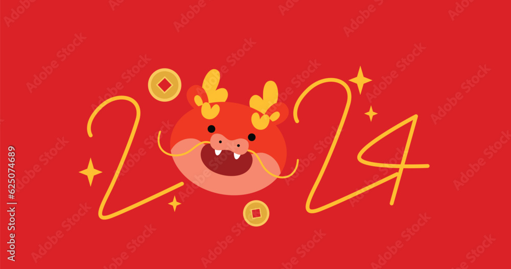 2024 chinese new year dragon head vector. Cute chinese zodiac dragon head with smiley face greeting card with lucky coins on background. Wishing a happy lunar new year 2024 in Asia. - obrazy, fototapety, plakaty 