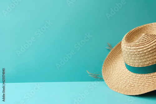 Straw hat on a light blue background. Summer holiday concept. Relax on the beach, vacation and travel lifestyle   photo
