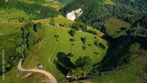 Beautiful mountain landscape with freah green vegetation, Dumesti, Alba county, Romania . Drone footage. photo