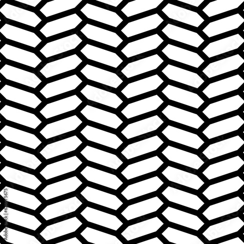 Herringbone motif. Seamless surface pattern design with white hexagons tessellation ornament. Mosaic parquet wallpaper. Black zigzag weaving lines. Jagged strokes. Digital paper, page fills. Vector.