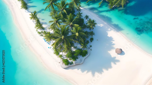 top view of summer beach tropical island with palm trees. AI Generated. © pim pic