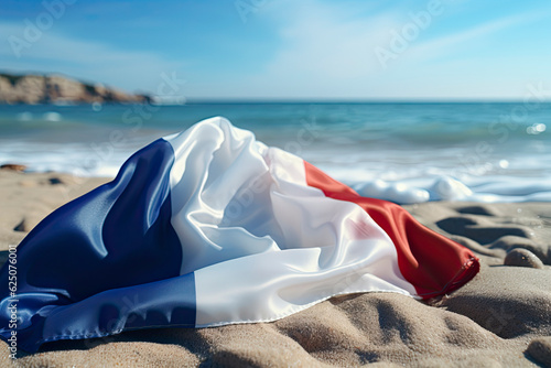 The sea threw the French flag ashore. Daylight. Generative Ai. 