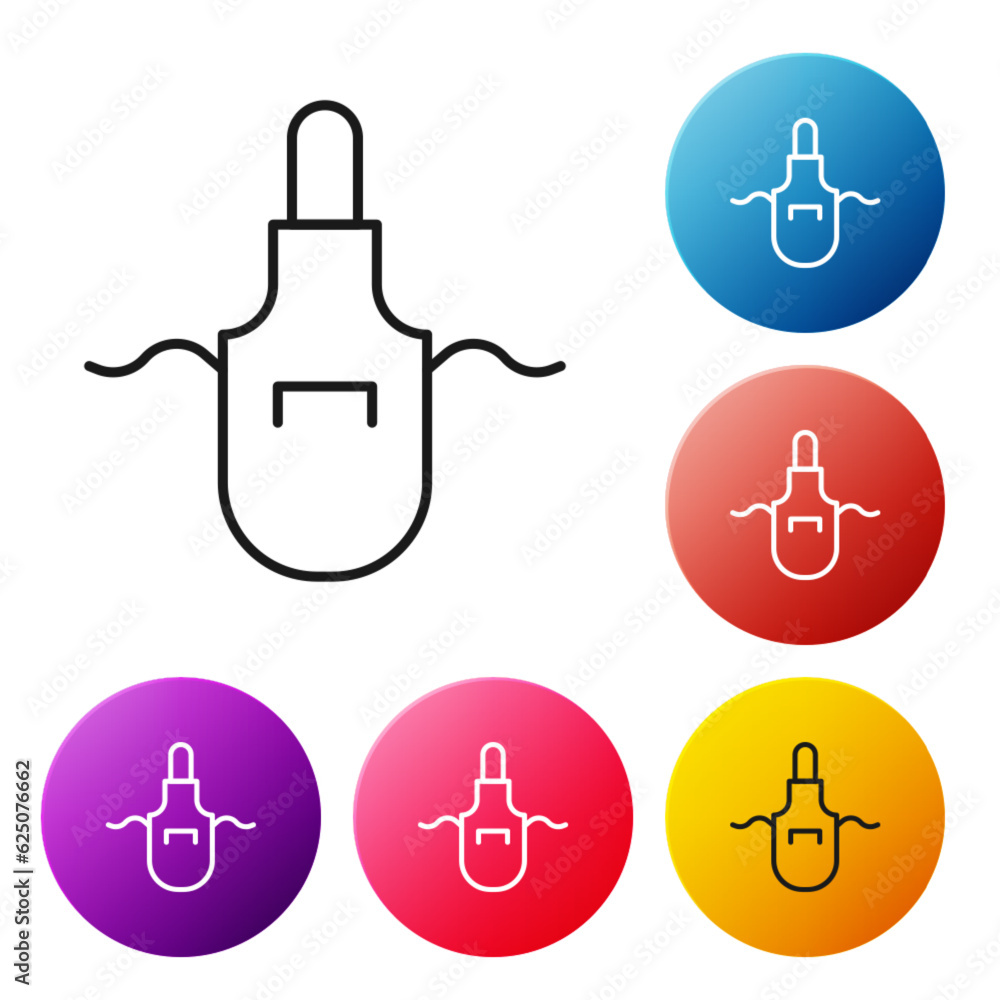 Black line Kitchen apron icon isolated on white background. Chef uniform for cooking. Set icons colorful circle buttons. Vector Black line Kitchen apron icon isolated on white background. Chef uniform for cooking. Set icons colorful circle buttons. Vector