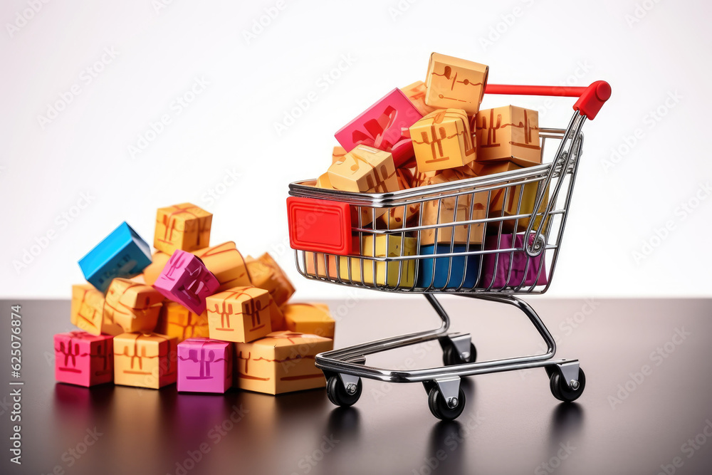  Shopping Cart and Product Package Boxes isolated on white background, Online Shop and delivery concept