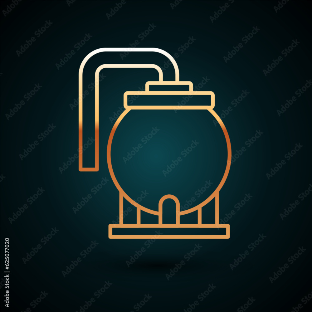 Obraz premium Gold line Oil tank storage icon isolated on dark blue background. Vessel tank for oil and gas industrial. Oil tank technology station. Vector