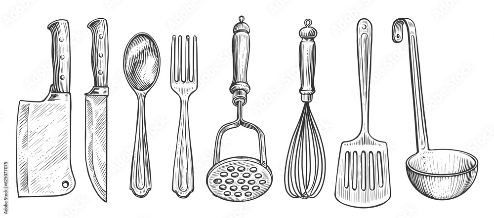 Set of kitchen tools. Cooking concept. Sketch vintage illustration for ...