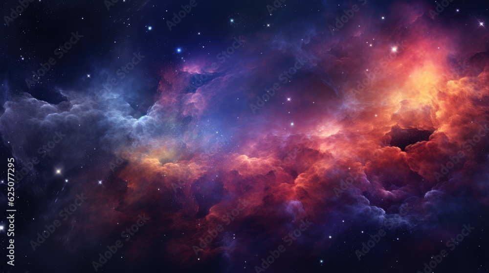 Abstract colorful space background with nebula, stars and planets