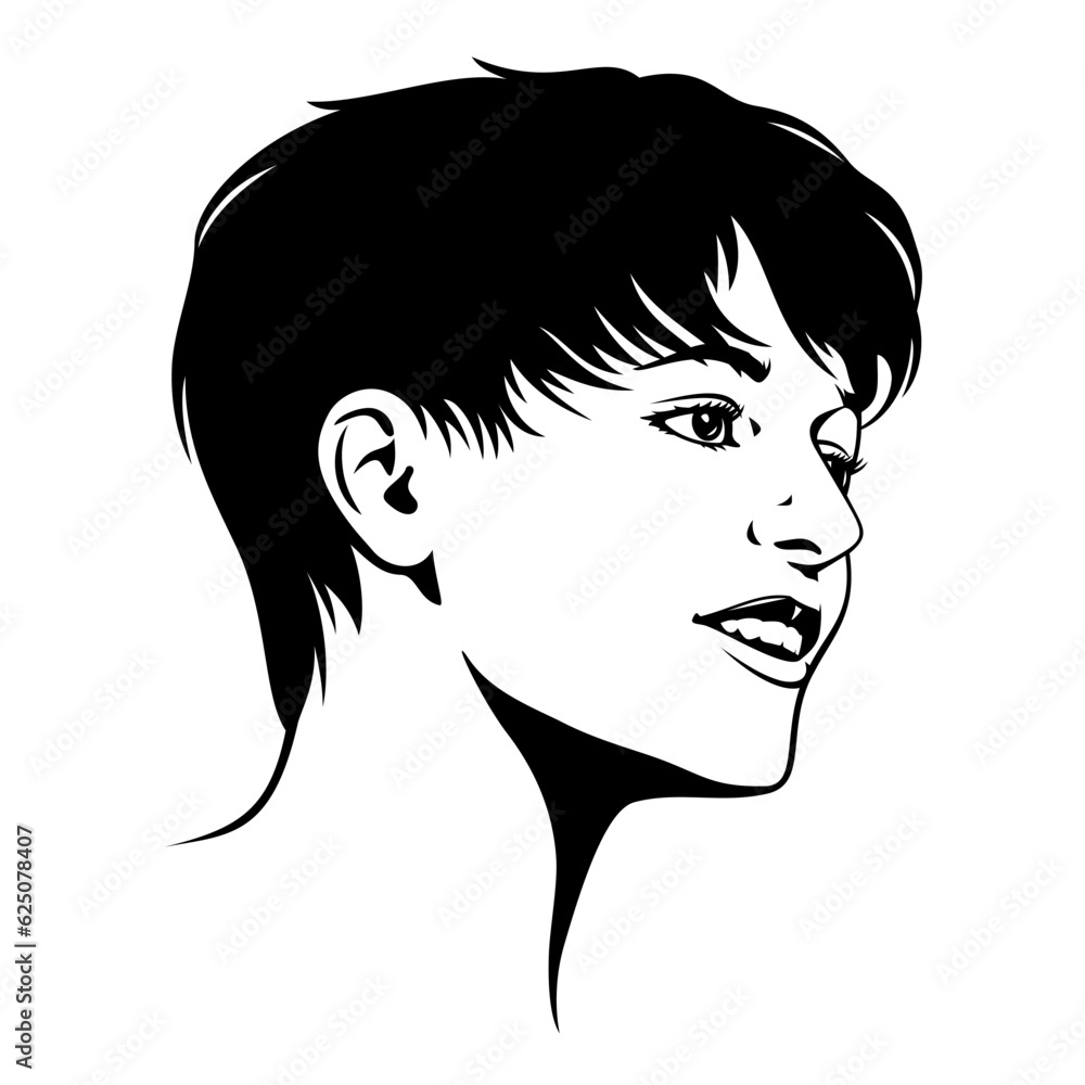 Woman Face Silhouette. Black and white stencil portrait of girl with short hairstyle. Vector clipart isolated on white. Woman Face Silhouette. Black and white stencil portrait of girl with short hairstyle. Vector clipart isolated on white.