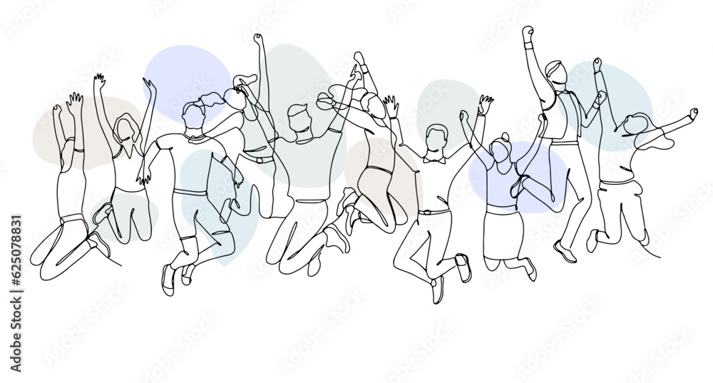 Single line drawing of jumping people, men and women with pastel abstract shapes. Linear hand drawn doodle on white background Single line drawing of jumping people, men and women with pastel abstract shapes. Linear hand drawn doodle on white background