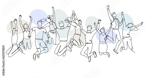 Single line drawing of jumping people, men and women with pastel abstract shapes. Linear hand drawn doodle on white background