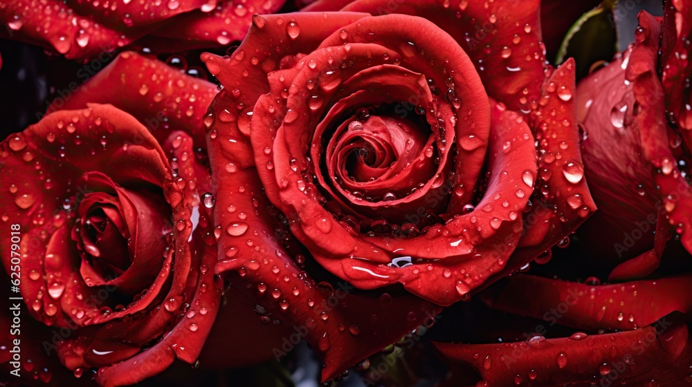 Red Roses flowers with water drops background. Closeup of blossom with glistening droplets. Generative AI Red Roses flowers with water drops background. Closeup of blossom with glistening droplets. Generative AI