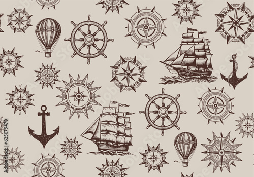 Vintage sailing yachts, anchor, wind rose, ship steering wheel, vector.