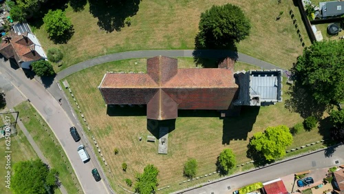 A top-down pan of St Mary's Church in Chartham, showing its cross shape. photo