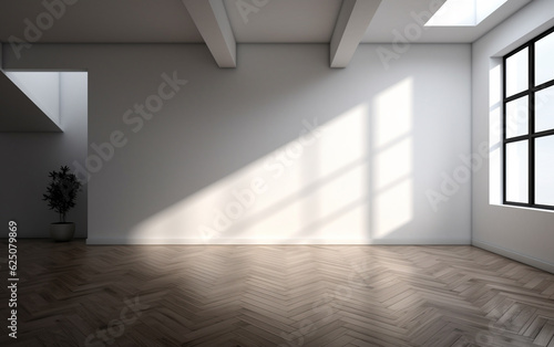 Empty minimal room interior design with fishbone flooring