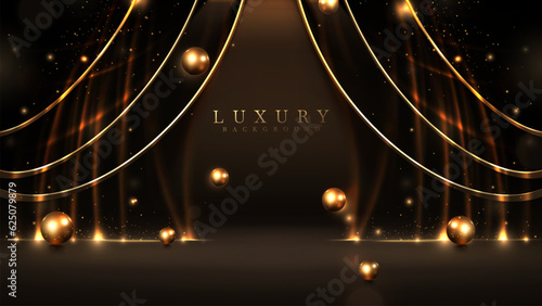 Elegant dark stage scene with golden light effect decoration and bokeh with ball elements. Black luxury background design concept.