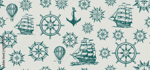 Vintage sailing yachts, anchor, wind rose, ship steering wheel, vector.