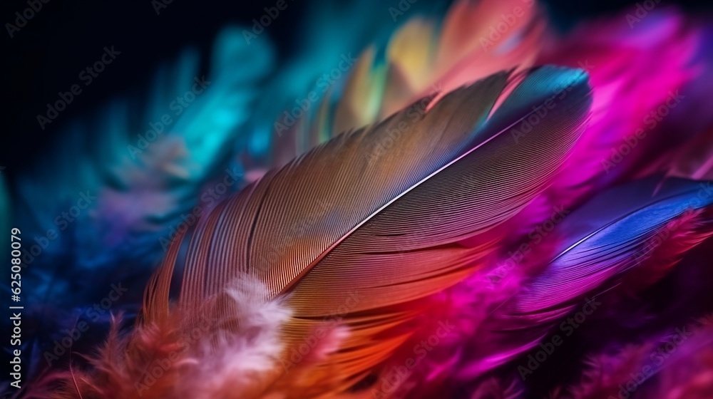 Obraz premium A close-up image of a fluffy white feather set against a colorful, pastel, neon mist, resembling a patchwork rainbow background. Generative AI