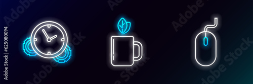 Set line Computer mouse, Time Management and Cup of tea and leaf icon. Glowing neon. Vector