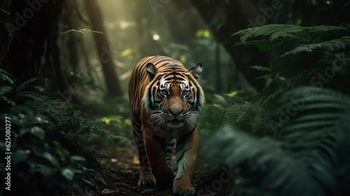 A wild tiger walks in the green jungle. Generative AI