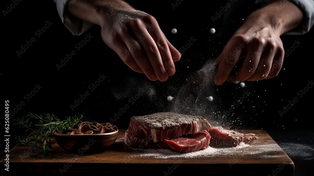 Chef hands cooking meat steak. Generative AI