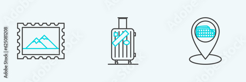 Set line Map pointer with Coliseum in Rome, Italy, Postal stamp and Mountains and Suitcase for travel stickers icon. Vector