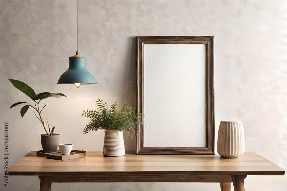 Empty wooden picture frame mockup hanging on beige wall background. Boho shaped vase, dry flowers on table. Cup of coffee. Working space interior, room, furniture, home, lamp, table, Empty wooden picture frame mockup hanging on beige wall background. Boho shaped vase, dry flowers on table. Cup of coffee. Working space interior, room, furniture, home, lamp, table,