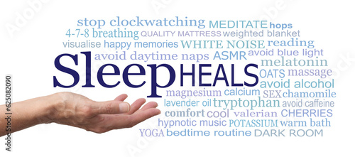 Sleep Heals word cloud concept on white background - female open palm with the word SLEEP floating above surrounded by a relevent word cloud isolated against a white background 