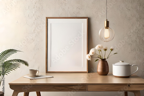 Empty wooden picture frame mockup hanging on beige wall background. Boho shaped vase, dry flowers on table. Cup of coffee. Working space, home office. Art, Modern interior room, home