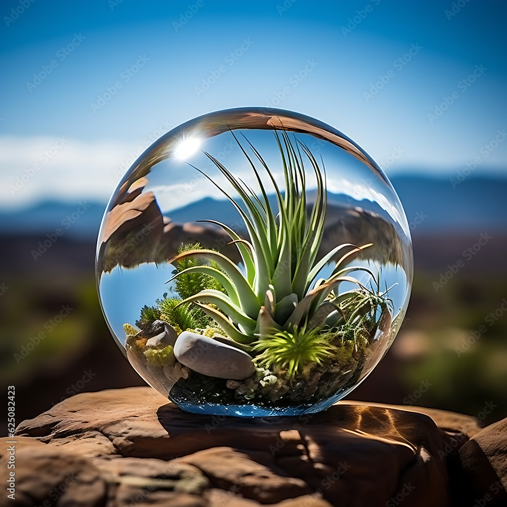 Glass ball in the desert containing cactus and desert landscape