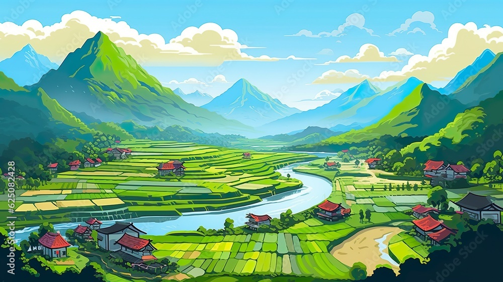 Abstract background rice terraces. Mesmerizing beauty of nature's rice terraces with an artistic illustration against a green background. Generative AI.