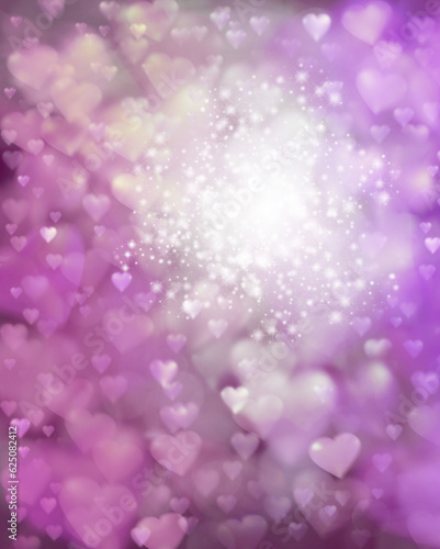 Beautiful heart filled pink bokeh magical gentle background template - many different sized overlapping plump shiny love hearts random pattern, with a bright white sparkling orb off center