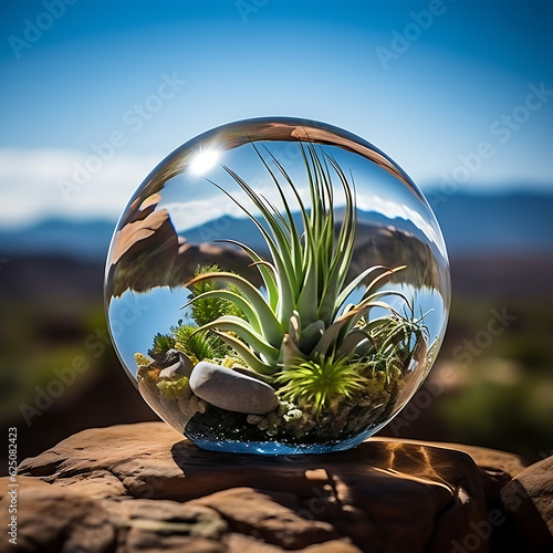 Obraz na płótnie Glass ball in the desert containing cactus and desert landscape w salonie