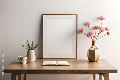Tableau sur toile Empty wooden picture frame mockup hanging on beige wall background