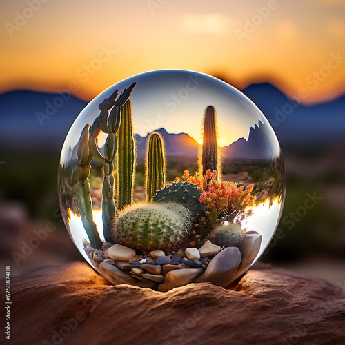 Obraz na płótnie Glass ball in the desert containing cactus and desert landscape w salonie
