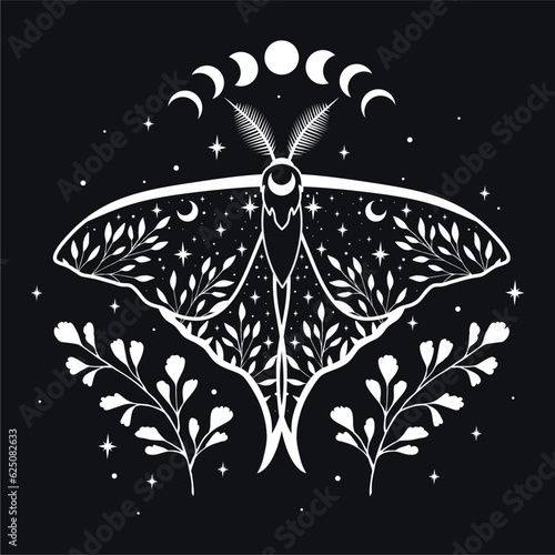 Mystic moth vector illustration. Astrology, alchemy, boho and magic concept. 