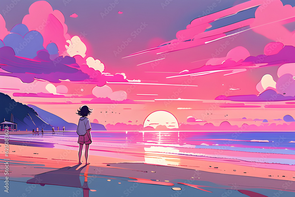 The back of a girl standing on the beach with a pink sunset.
Generatine AI.