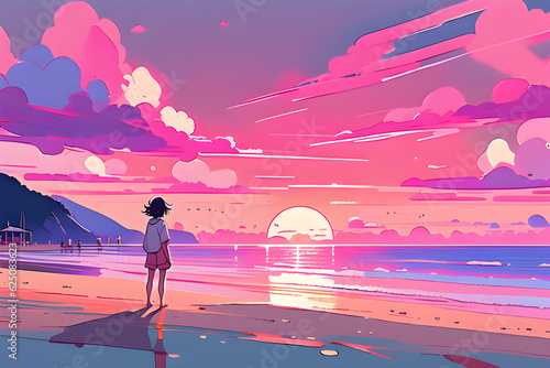 The back of a girl standing on the beach with a pink sunset.
Generatine AI. photo