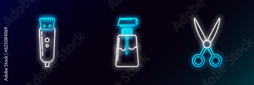 Set line Scissors hairdresser, Electrical clipper shaver and Cream lotion cosmetic tube icon. Glowing neon. Vector